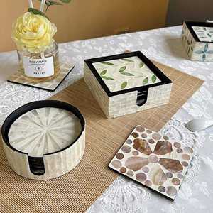 Classic Eco-Friendly Decorative Mother Pearl Coaster Set Shell Inlay Mosaic Carved <b>Cup</b> Coasters Holder Customized - Product Image 5