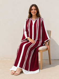 Premium Quality Maroon Color Striped Print Abaya Dress Women's <b>Kaftan</b> Loose Fit <b>Long</b> Sleeves Front Border Button Daily Wear - Product Image 6