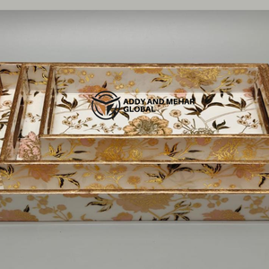 Juego de 3 bandejas de servir geométricas blancas – Bandejas decorativas de MDF y papel para una decoración y presentación elegantes del hogar - Product Image 4