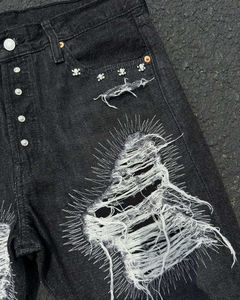 Pantalones Cortos de Mezclilla Negros Desgastados para Hombre, Talla Grande, Estilo Veraniego, Holgados, Y2K, Streetwear, con Pedrería, Lavado Personalizado, Precio Accesible - Product Image 6