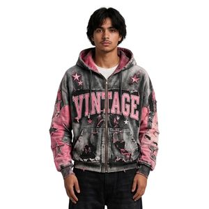 Sudadera con capucha de algodón tipo felpa gris y rosa con estampado de estrellas, estilo vintage, con cremallera, para streetwear, de corte holgado. - Product Image 1