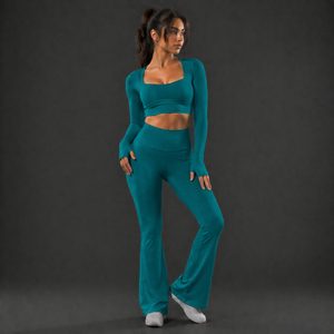 2026 Premium Women <b>Flare</b> <b>Leggings</b> Yoga Set High Waist Pants Long Sleeve Top Stretch Breathable Fitness Activewear Set - Product Image 1