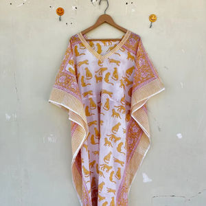 Bata Kimono con Estampado de Dibujos Animados para Mujer, 100% Algodón, Camisón de Verano Hecho a Mano, Cuello en V, Cintura Elástica, Largo Completo/Hasta la Rodilla - Product Image 1