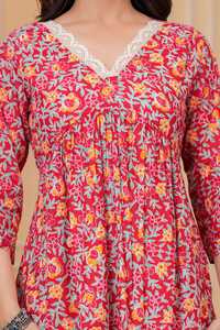 Red Floral Print Cotton <b>Three</b> Quarter Sleeve Casual Fit Flare Midi Dress with Maternity Feeding Gown for Daily Wear - Product Image 6