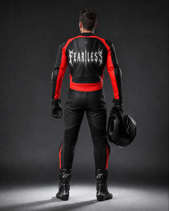 Combinaison de moto en cuir Fearless à impression réfléchissante, noire et rouge, coupe-vent, toutes saisons, pour la course - Product Image 2