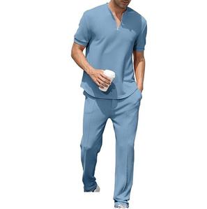 Ensemble deux pièces pour homme, décontracté, hiver, couleur unie, respirant, en coton tricoté 100%, comprenant un t-shirt à manches courtes et un pantalon, avec fermeture éclair quart de tour, couleur Teal - Product Image 3