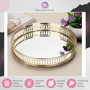 Leaders in Selling Top Notch Quality Home Decor Iron Glass Material Made Round Golden Metal <b>Mirror</b> Tray from India at Low Price - Product Image 6