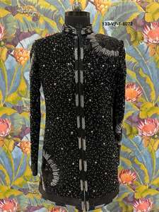 Traje Sherwani para Hombre con Motivo de Rayos de Sol, Base de Terciopelo, Cuentas de Vidrio Plateadas, Lentejuelas, Cuello Mandarín, Traje Tradicional para Boda, Estilo Real - Product Image 1