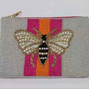 Porte-monnaie unique en perles abeille, pochette zippée argentée à rayures roses, portefeuille en perles et strass, porte-cartes en perles de rocaille, trousses de maquillage - Product Image 1