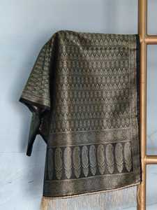 <b>Women</b> black and silver metallic Banarasi Silk <b>Shawl</b> With Silver Zari Paisley Weaving And Golden Fringes - Product Image 1