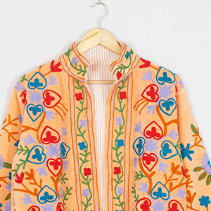Women Velvet Embroidered <b>Jacket</b> <b>Mandarin</b> <b>Collar</b> Lantern Sleeve Floral Boho Style Autumn Coat Handmade Suzani Pattern - Product Image 5
