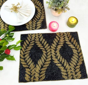 Handmade <b>Beaded</b> Fabric <b>Placemat</b> Rectangle Black Gold Leaf Design Glam Table Mat Decorative Pad - Product Image 3