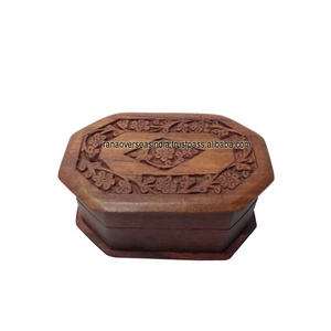 Organisateur de bijoux en bois sculpté à la main en forme octogonale avec couvercle à charnière pour filles et femmes - Product Image 1
