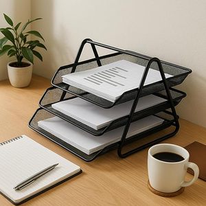Organizadores de revistas metálicos Craft India Overseas, bandeja de malla de 3 niveles para archivos, soporte para documentos, estante de almacenamiento para oficina, color negro - Product Image 1