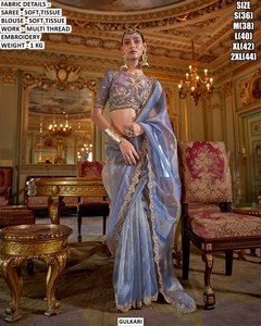 Yellow Royale <b>Tissue</b> Saree for <b>Wedding</b> & Diwali-Wrinkle Free & Moisture Wicking - Product Image 2