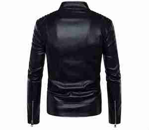 Blouson moto homme slim fit en cuir PU, col montant, fermeture éclair, noir uni, longueur standard, pour l'automne - Product Image 4