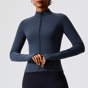 Chaqueta deportiva ajustada con cuello para mujer, con cremallera completa, de nailon, para correr, fitness, con orificios para los pulgares, de secado rápido, para yoga. - Product Image 1