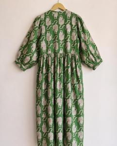 <span class=keywords><strong>Abito</strong></span> Midi Boho con Stampa Animalier Verde, Collo Annodabile, <span class=keywords><strong>Maniche</strong></span> a <span class=keywords><strong>Tre</strong></span> <span class=keywords><strong>Quarti</strong></span> a Sbuffo, Vestito Casual Primaverile in Viscosa - Product Image 3