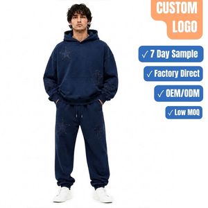 Men 2 Piece Hip Hop Tracksuit Set Oversized Hoodie Jogger Star Cross Patch Fleece Custom OEM Wholesale Manufacturer - Product Image 1