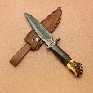 Couteau Bowie à pointe clip en acier inoxydable Damas, fait main sur mesure, à lame fixe, pour camping et utilisation extérieure, avec manche en bois de cerf et étui en cuir, OEM - Product Image 1