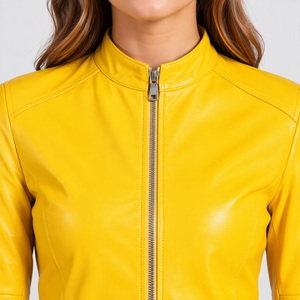 Chaqueta de Cuero Genuino Amarillo para Mujer, Corte Ajustado, Chaqueta de Motera de Piel de Cordero Suave Personalizada, Cierre de Cremallera, Ropa Exterior Femenina - Product Image 5