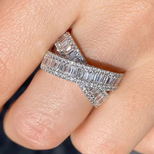 Iced Out Baguette Moissanite Diamond Criss Cross Engagement Wedding Hip Hop Crossover <b>Statement</b> <b>Ring</b> 925 Sterling <b>Silver</b> Jewelry - Product Image 2