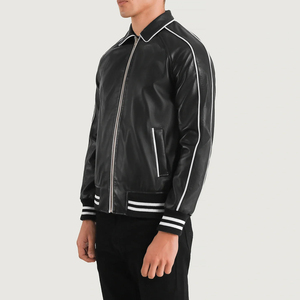 <b>Men's</b> Black Wool Varsity <b>Jacket</b> with <b>White</b> Trim Turn-Down Collar Zipper Closure Reflective Polyester/Cotton Casual Winter Wear - Product Image 4