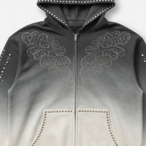 Sweat à capuche zippé unisexe en coton épais 400 g/m² délavé à l'acide, style streetwear, coupe ample, personnalisé avec strass - Product Image 3