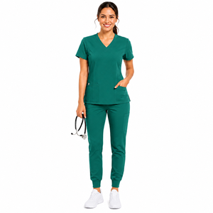 Wholesale Women Scrub <b>Set</b> Elastic Stretch V-Neck Short Sleeve Top Cargo Jogger Pants Hospital Work Attire Women Scrub <b>Set</b> - Product Image 1