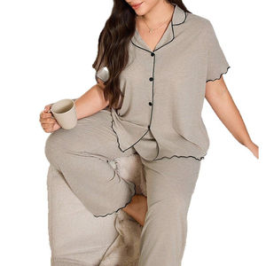 Conjunto de Pijama Tipo Cárdigan con Cuello para Mujer, Tallas Grandes, Color Sólido, Corte Holgado, Ropa Cómoda para el Hogar, Primavera, Bordado a Máquina - Product Image 5