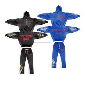 Sweat à capuche zippé personnalisé et jogger ensemble Logo sweat à capuche lavé à l'acide et sueurs évasées survêtement délavé au soleil en détresse 450 Gsm - Product Image 2