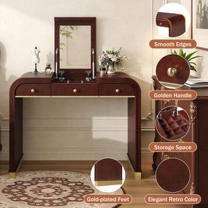 Espresso Classic Wood 3-in-1 <b>Dressing</b> <b>Table</b> Vanity Desk with Flip <b>Mirror</b> and 2 Drawers for Bedroom Makeup Storage - Product Image 4