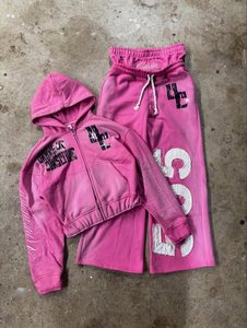 Custom Logo Pink Tracksuit Vintage Sun Faded Rhinestone Zip up Hoodie and Wide Leg Applique Patchwork <b>Sweatpants</b> <b>Set</b> - Product Image 6