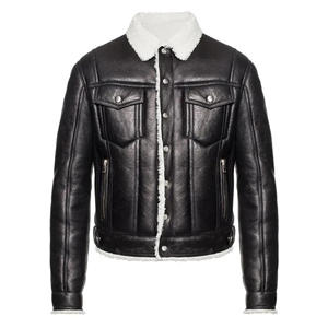 Veste en cuir noir pour homme, col en fourrure blanche, manteau d'hiver en peau de mouton véritable, doublure en polaire chaude, veste de motard - Product Image 3