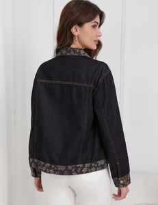 Hardihood International Veste en jean pour femme, patchwork floral, col et poignets contrastants, coupe classique, automne, formelle, respirante - Product Image 2