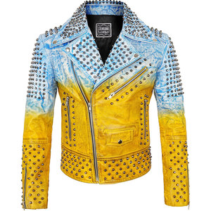 Blue & Gold Studded Leather <b>Jacket</b> <b>Gothic</b> Premium <b>Jacket</b> with Spikes Mens Spiked Rock Punk OEM ODM - Product Image 1