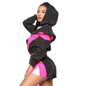 <b>Women</b> Color Block Black Pink Tracksuit Set Hooded Crop <b>Jacket</b> With Matching Shorts Sportswear Streetwear Spring Casual Wear - Product Image 5