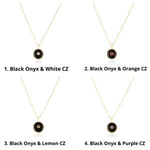 Collar de cadena con colgante redondo de ónix negro y pequeños dijes de circonita cúbica con bisel, chapado en oro de 18k, para hombre y mujer, venta al por mayor. - Product Image 2