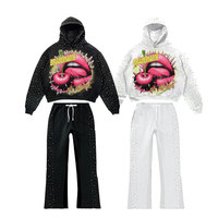 Ensemble de survêtement deux pièces avec sweat à capuche et pantalon évasé, imprimé en relief personnalisé en coton, pour femmes et unisexe