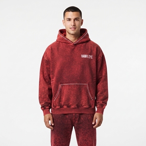 Sudadera con capucha roja extragrande para hombre con ribete de diamantes de imitación y bolsillo frontal, sudadera informal de algodón y felpa para invierno - Product Image 1