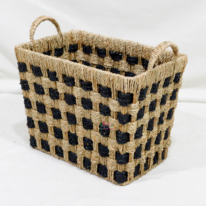 Paniers de rangement en jonc de mer rectangulaires style rustique avec poignées, motif à carreaux noir naturel pour l'organisation de la buanderie - Product Image 6