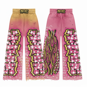 กางเกงแฟชั่นทรงขาบาน ดีไซน์เก๋ไก๋ พิมพ์ลายโลโก้แบบพัฟพร้อมตกแต่งคริสตัล ลายเปลวไฟ ดีไซน์ขาดๆ แบบดิสเทรส - Product Image 4