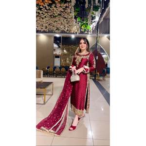 Trendy Women's Red Top-Bottom and Dupatta <b>Set</b> with Heavy <b>Embroidery</b> and Sequence Work Size L 800g NSR Brand - Product Image 4