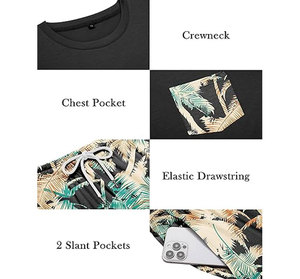 Men's Black Floral Print T-Shirt <b>Set</b> With Pocket Casual Summer Shorts Crew Neck <b>Knitted</b> Breathable Outfit - Product Image 6