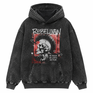 Sudadera con Capucha y Estampado de Calavera Rebelde para Hombre, Estilo Punk, Talla Grande, de Algodón y Felpa, para Otoño, con Bolsillo Frontal y Acabado Lavado - Product Image 1