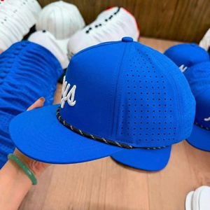 Custom Embroidery Logo 5 Panel Rope <b>Flat</b> Brim Waterproof Fabric Laser Cut Hole Snapback <b>Cap</b> And Hat Wholesale For <b>Man</b> And Woman - Product Image 3