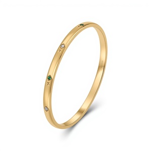 Modern Minimal 14K Solid Gold Slim <b>Bangle</b> <b>Bracelet</b> with Emerald and White Diamond Accents Fine Jewelry for Women - Product Image 1