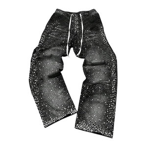 Private Label Men's Rhinestone Flare Pants Lightweight Straight Casual Solid Color Side Pockets 100% Cotton - Product Image 1