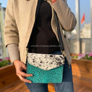 New Arrival Western Stylish Embossed Floral Print Fur Leather Sling Bags Women Stylish <b>Turquoise</b> Embossed Leather Shoulder Bags - Product Image 2