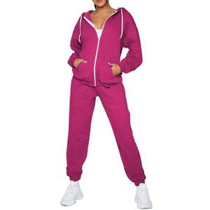 Survêtement rose à capuche pour femmes grandes tailles, couleur unie, décontracté, sweat-shirt à fermeture éclair sur toute la longueur avec poches latérales, vêtements d'automne - Product Image 2